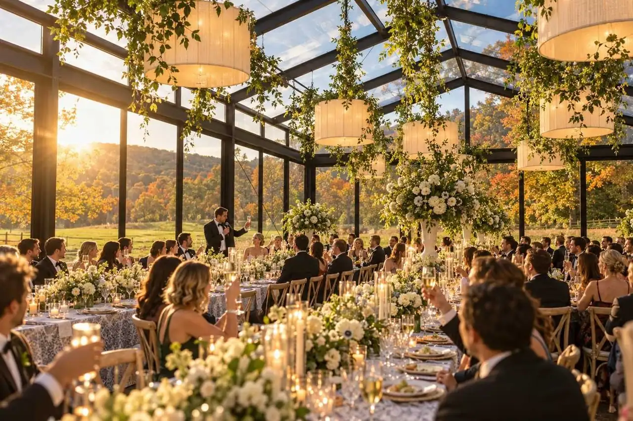 Wedding dinner inside the Atrium House at golden hour, with lanterns and greenery