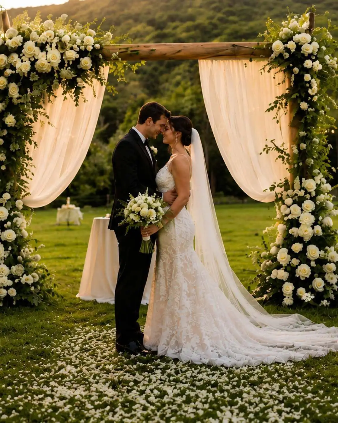 A couple under a white floral arch at an outdoor lawn ceremony