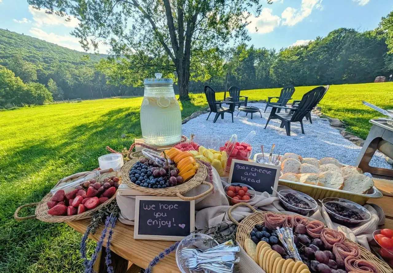 Picnic spread with lemonade on the lawn, Adirondack chairs and hills behind