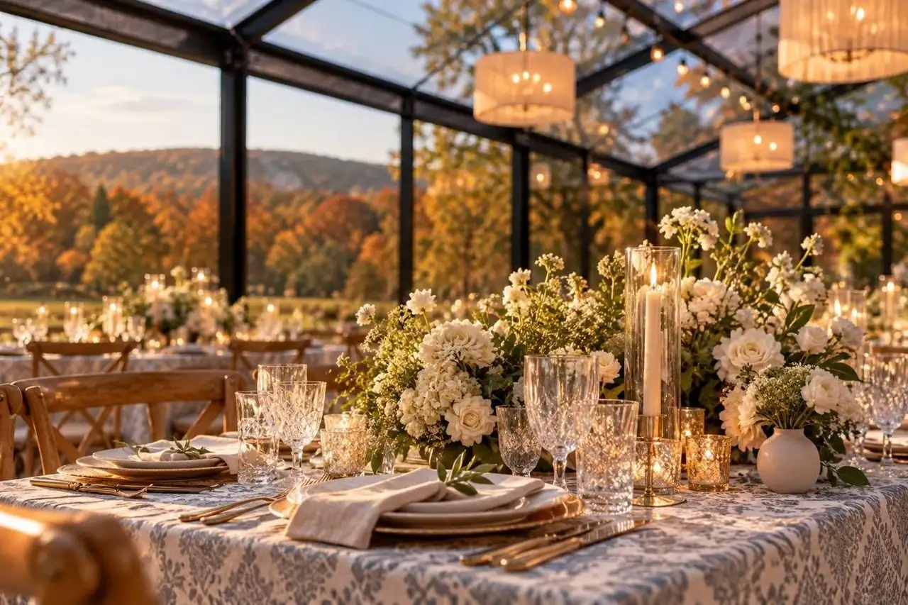 Set dinner table with white flowers and candles inside the Atrium House