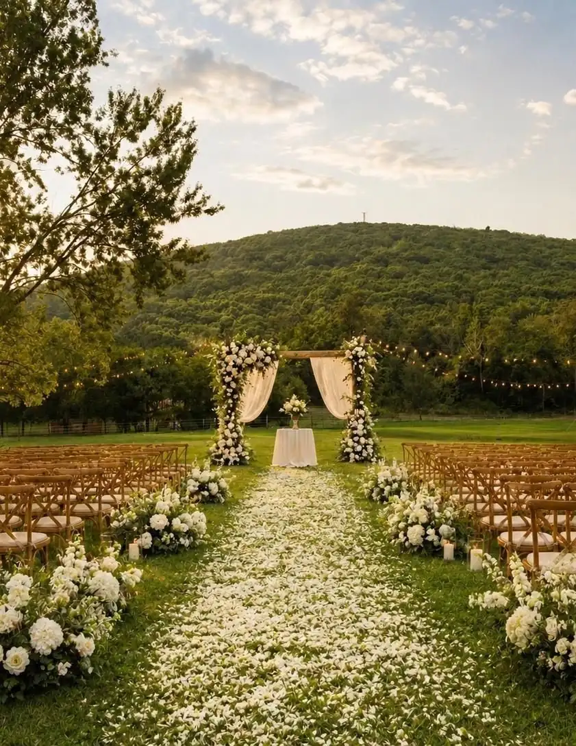 A flower-lined ceremony aisle on the lawn below the ridge