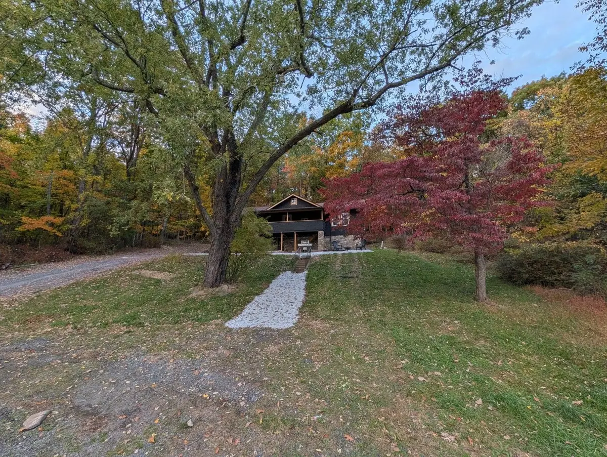 Fall color, a red maple and a winding path up to your cabin in the trees.